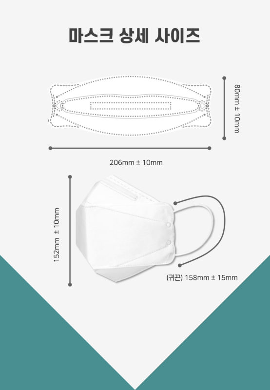 마스크 상세 사이즈 가로 206mm ± 10mm , 세로 80mm ± 10mm, 높이 152mm + 10mm, 귀끈 158mm ± 15mm