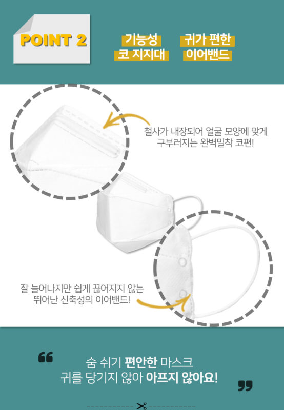 기능성 코 지지대 귀가편한 이어밴드, 숨 쉬기 편안한 마스크 귀를 당기지 않아 아프지 않아요!
