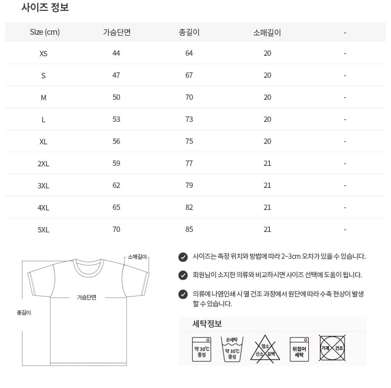 사이즈 정보 반팔티 사이즈(cm) 사이즈XS 가슴단면 44 총길이 64 소매길이 20 사이즈S 가슴단면 47 총길이 67 소매길이 20 사이즈M 가슴단면 50 총길이 70 소매길이 20 사이즈L 가슴단면 53 총길이 73 소매길이 20 사이즈XL 가슴단면 56 총길이 75 소매길이 20 사이즈2XL 가슴단면 59 총길이 77 소매길이 21 사이즈3XL 가슴단면 62 총길이 79 소매길이 21 사이즈4XL 가슴단면 65 총길이 82 소매길이 21 사이즈5XL 가슴단면 70 총길이 85 소매길이 21 사이즈는 측정 위치와 방법에 따라 2~3cm 오차가 있을 수 있습니다. 회원님이 소지한 의류와 비교하시면 사이즈 선택에 도움이 됩니다. 의류에 나염인쇄 시 열 건조 과정에서 원단에 따라 수축 현상이 발생할 수 있습니다. 세탁정보 세탁기 사용시 약 30℃ 에서 중성 세재 사용 손세탁시 사용시 약 30℃ 에서 중성 세재 사용 염소 산소 표백 금지 뒤집어 세탁 금지 기계 건조 금지