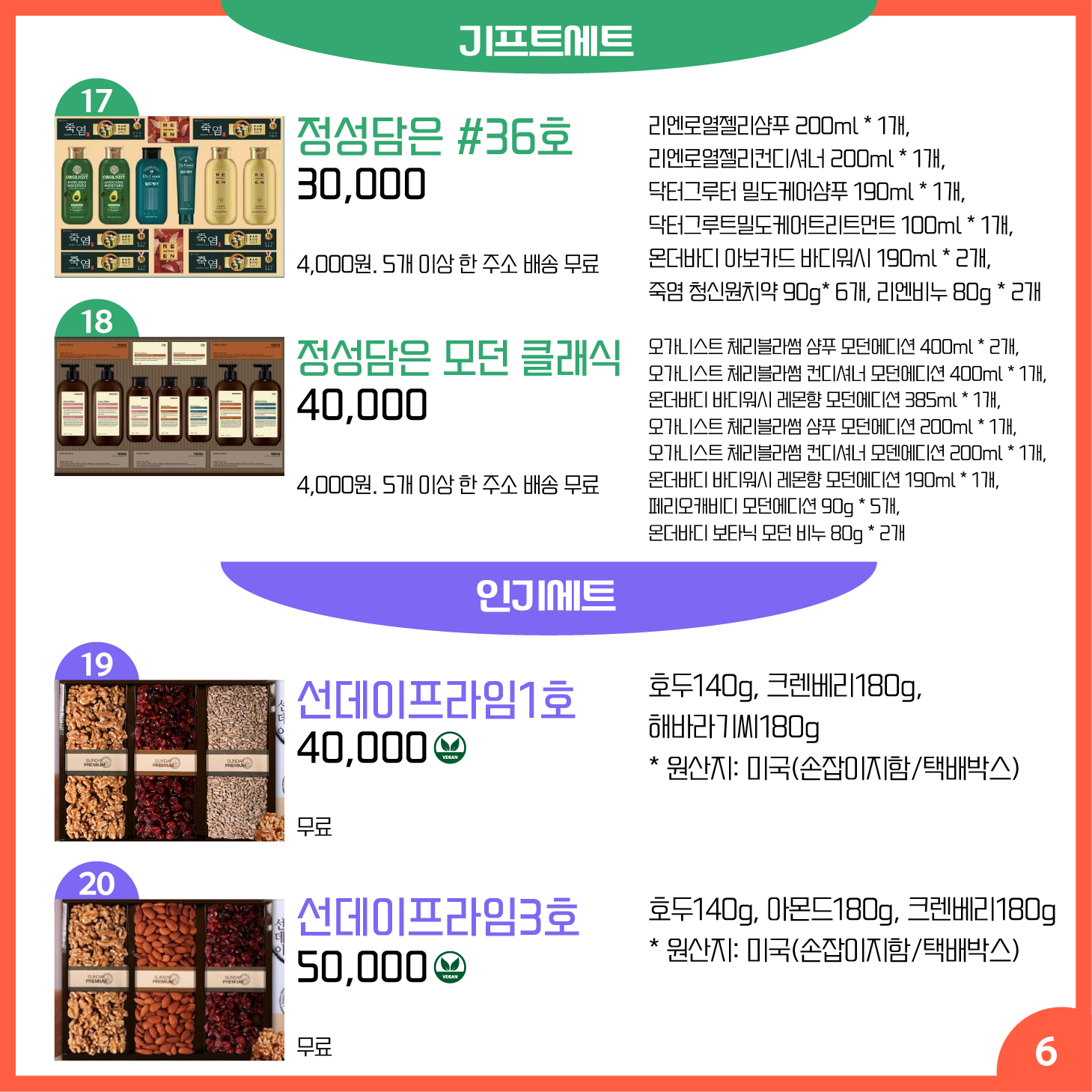 카드뉴스 6페이지 기프트세트, 인기세트 17 정성담은 #36호 리엔로열젤리샴푸 200ml * 1개, 리엔로열젤리컨디셔너 200ml * 1개, 닥터그루터 밀도케어샴푸 190ml * 1개, 닥터그루트밀도케어트리트먼트 100ml * 1개, 온더바디 아보카드 바디워시 190ml * 2개, 죽염 청신원치약 90g* 6개, 리엔비누 80g * 2개 30,000원 배송 4,000원. 5개 이상 한 주소 배송 무료 18 정성담은 모던 클래식 오가니스트 체리블라썸 샴푸 모던에디션 400ml * 2개, 오가니스트 체리블라썸 컨디셔너 모던에디션 400ml * 1개, 온더바디 바디워시 레몬향 모던에디션 385ml * 1개, 오가니스트 체리블라썸 샴푸 모던에디션 200ml * 1개, 오가니스트 체리블라썸 컨디셔너 모덴에디션 200ml * 1개, 온더바디 바디워시 레몬향 모던에디션 190ml * 1개, 페리오캐비디 모던에디션 90g * 5개, 온더바디 보타닉 모던 비누 80g * 2개 40,000원 배송 4,000원. 5개 이상 한 주소 배송 무료 19 선데이프라임1호 Ⓥ 호두140g, 크렌베리180g, 해바라기씨180g * 원산지: 미국(손잡이지함/택배박스) 40,000원 배송 무료 20 선데이프라임3호 Ⓥ 호두140g, 아몬드180g, 크렌베리180g * 원산지: 미국(손잡이지함/택배박스) 50,000원 배송 무료