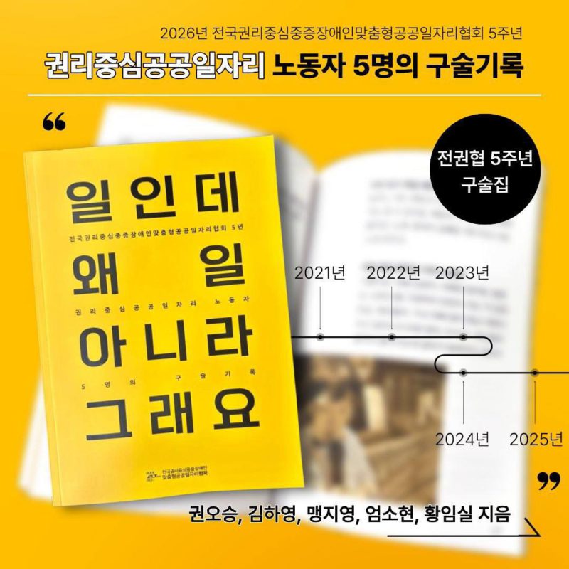 2026년 전국권리중심중증장애인맞춤형공공일자리협회 5주년 권리중심공공일자리 노동자 5명의 구술기록이라 상단에 적혀있다. 검정색 큰따옴표 아래 책자의 표지가 있다. 그 오른켠 작은 검정색 원에는 전권협 5주년 구술집이라고 적혀있다. 2021년~2025년까지의 연표가 곡선으로 그려져 있다. 그 연표 아래에는 권오승, 김하영, 맹지영, 엄소현, 황임실 지음이라고 적혀있다.